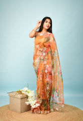 Special Handwork With Flower Print On Orange Organza Saree